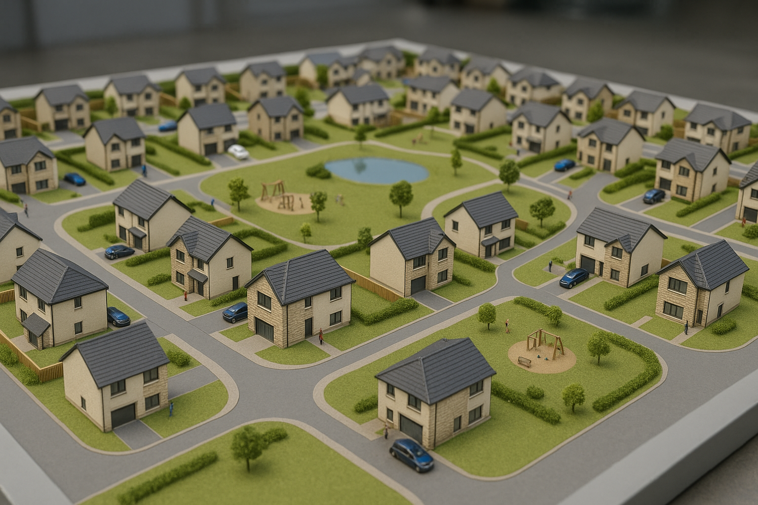 A miniature model of a suburban neighborhood with houses, green lawns, trees, roads, a pond, and a playground.