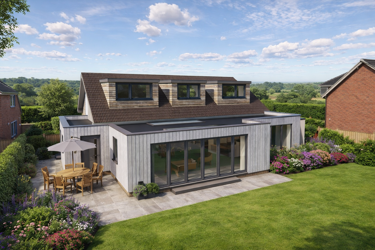 Modern house with a garden patio, outdoor dining table with chairs and umbrella, large sliding glass doors, surrounded by colorful flowers and greenery, with a view of the countryside under a partly cloudy sky.