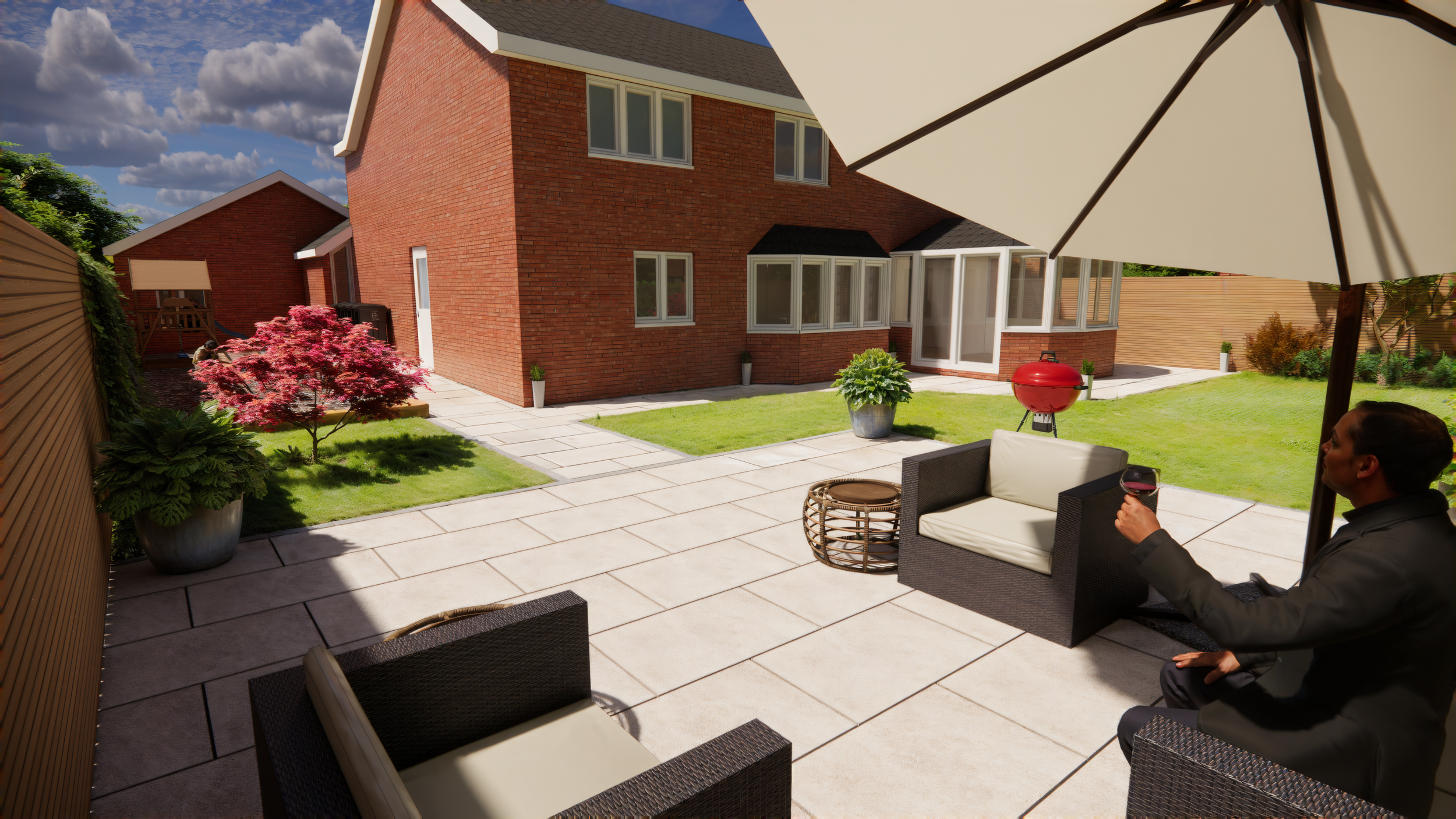 Backyard patio with outdoor furniture, large umbrella, potted plants, and a red barbecue grill. A person is sitting under the umbrella, holding a glass of red wine, with a brick house in the background.