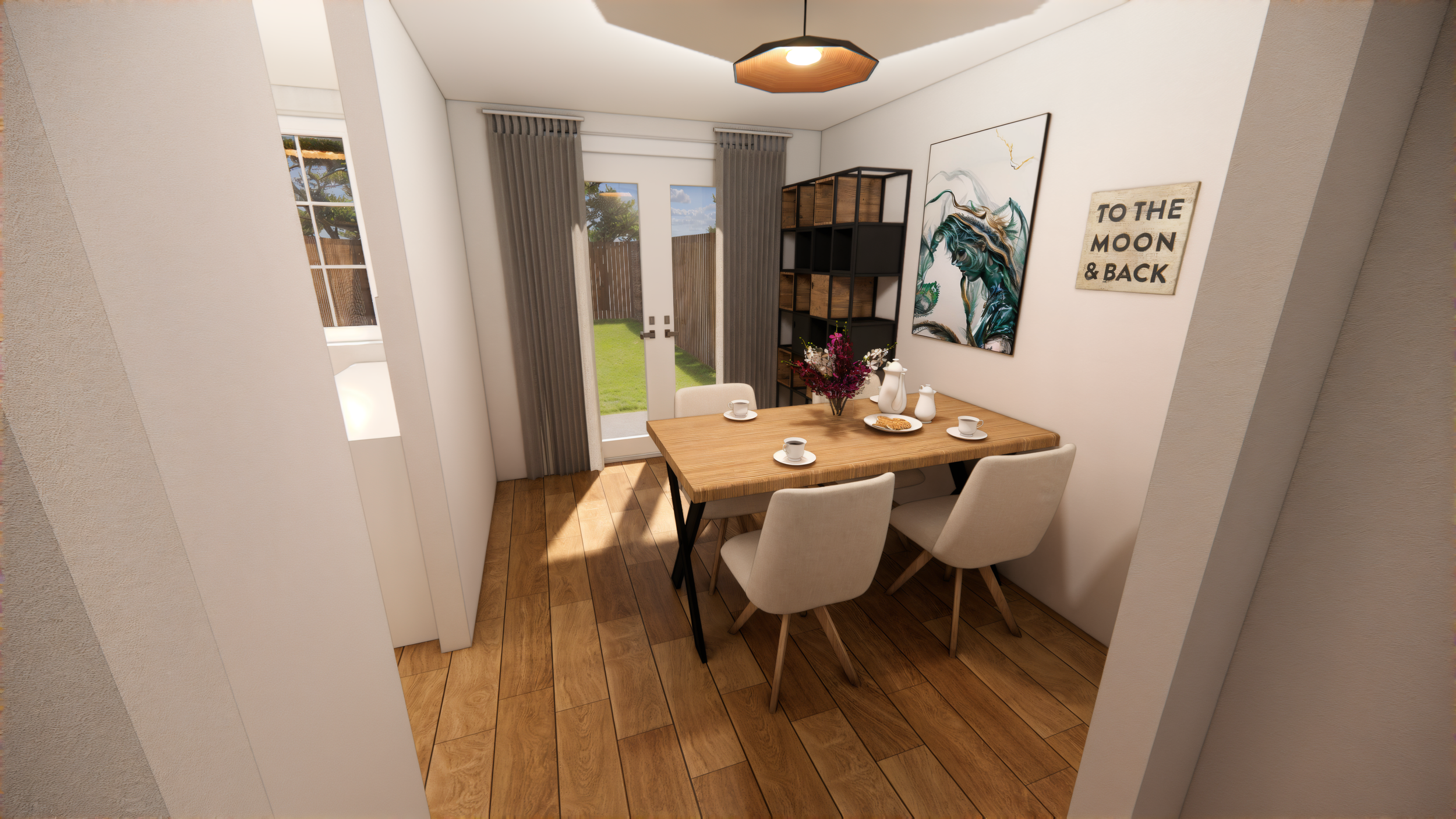 Dining room with a wooden table set for tea and four white chairs, decorated with a purple flower arrangement, with art on the wall, and a view of a backyard through glass doors.