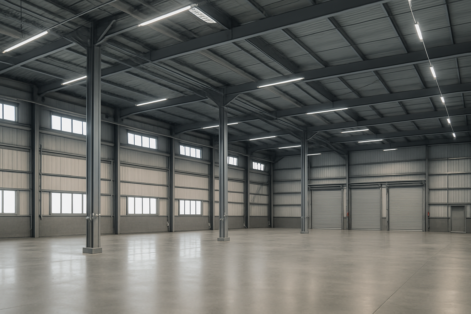 Empty industrial warehouse with polished concrete floor, metal walls, and an arched metal ceiling with fluorescent lighting.