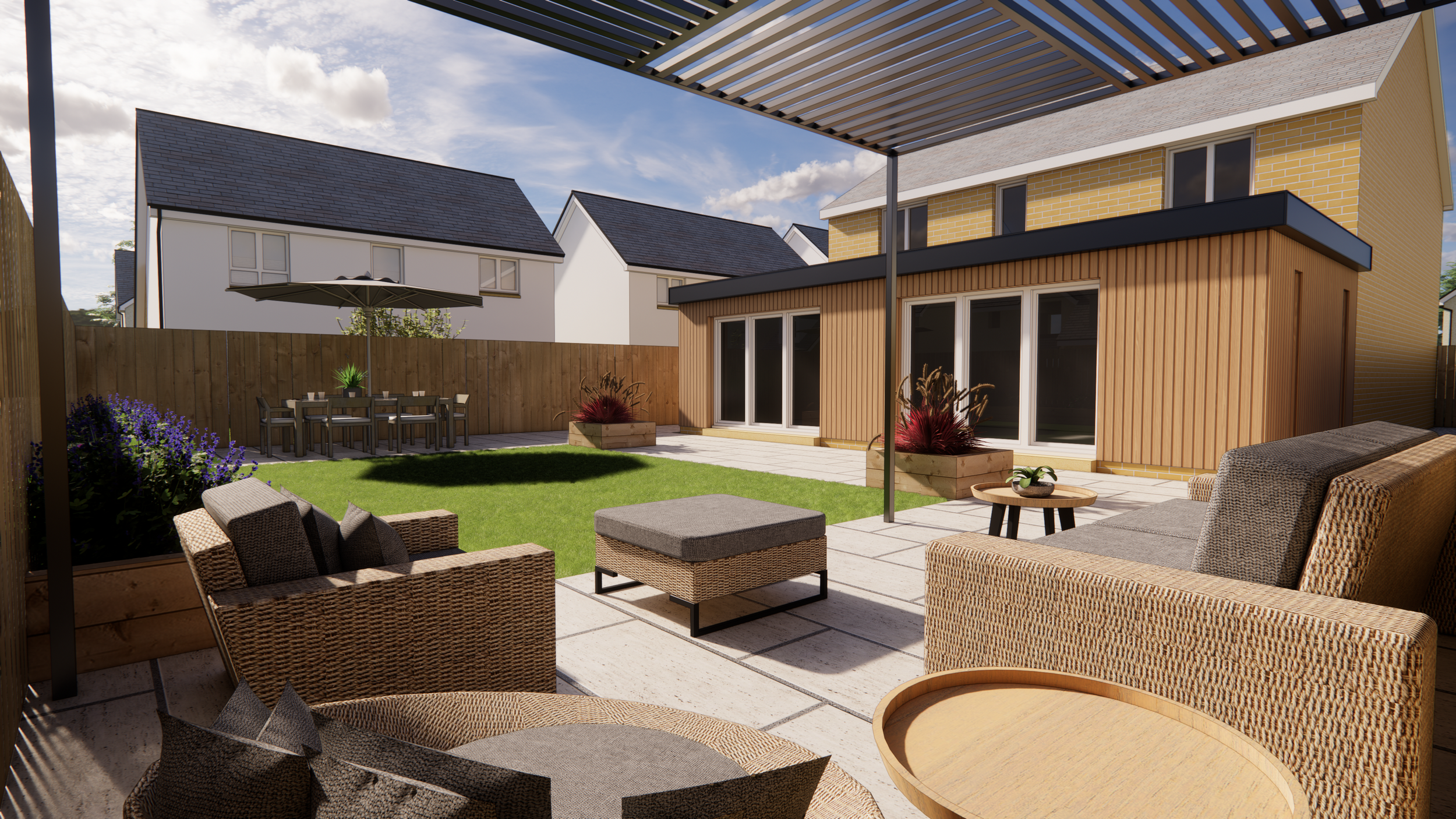 A modern backyard patio with outdoor seating, a dining table with an umbrella, a grassy area, potted plants, and neighboring houses in the background.