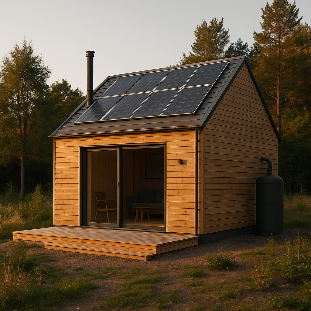 Small wooden house with solar panels on the roof, surrounded by trees, at sunset.