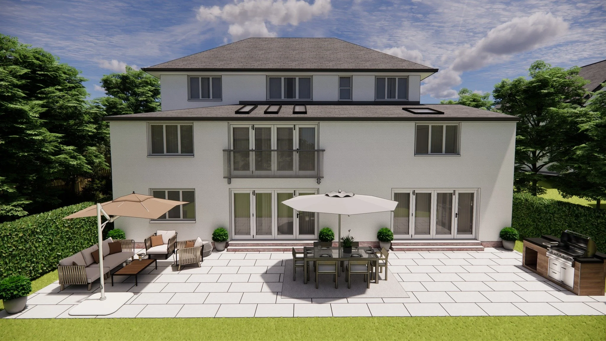 Backyard patio of a modern house with outdoor furniture, a barbecue grill, and large glass doors leading inside.