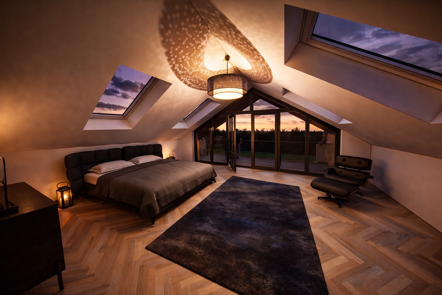 A modern bedroom in an attic with sloped ceilings, featuring a large bed with black headboard, two skylights, a dark area rug, a black lounge chair, and a floor-to-ceiling glass door leading to a balcony with sunset view.