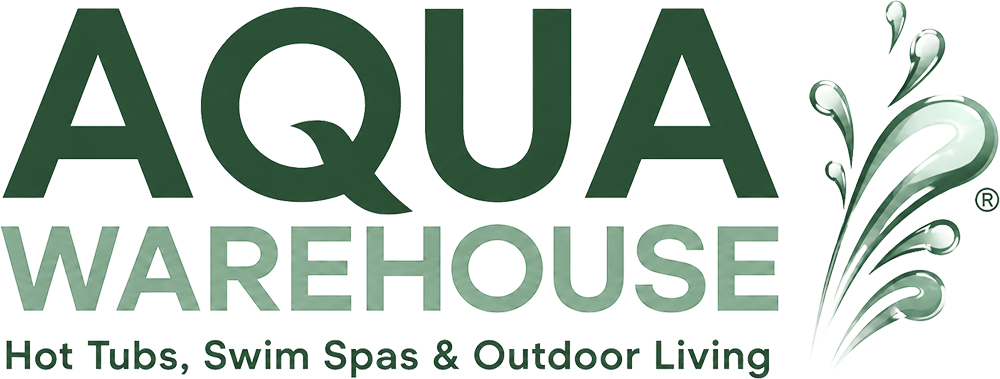 Logo for Aqua Warehouse with water splash design, featuring the tagline "Hot Tubs, Swim Spas & Outdoor Living"