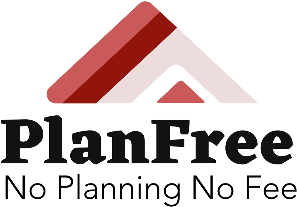 Logo for PlanFree with a stylized red and gray house roof graphic and the tagline "No Planning No Fee".