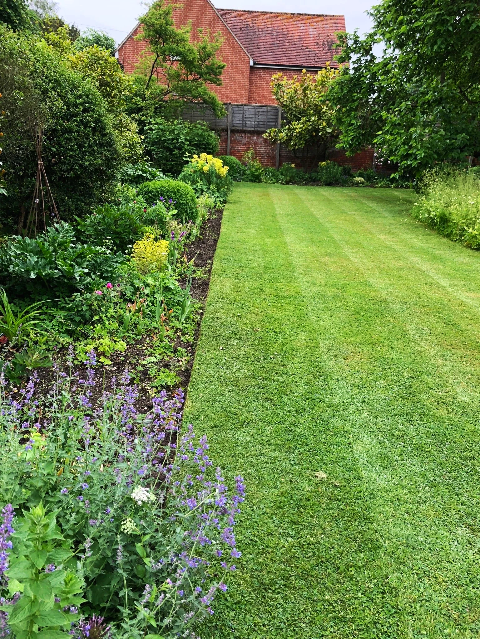 A well-maintained backyard garden featuring a lush green lawn bordered by various flowering plants and shrubs, with trees, a brick house and a wooden fence in the background.