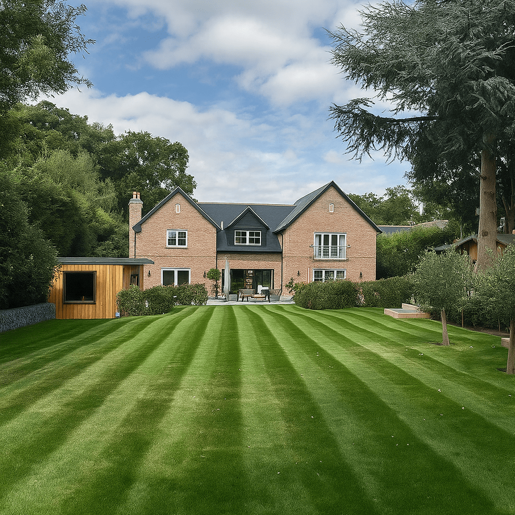 Large backyard with freshly mowed striped grass, trees and bushes on the sides, and a brick house with large windows in the background.