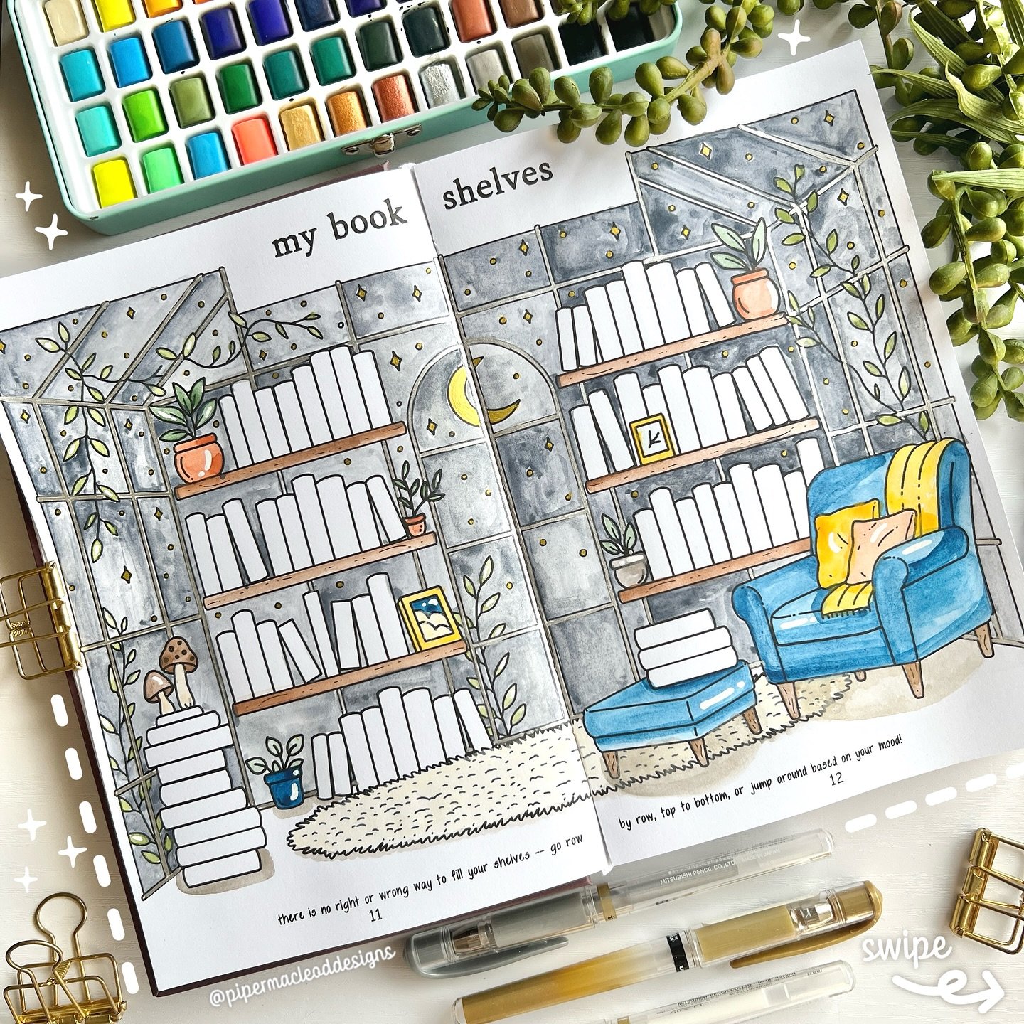 A closer look at the finished bookshelf page ♡
After an hour of watercoloring in the last reel, here&rsquo;s how it turned out. Swipe through for a few detail shots &mdash; I love how the shelves came to life while the book spines are still waiting t