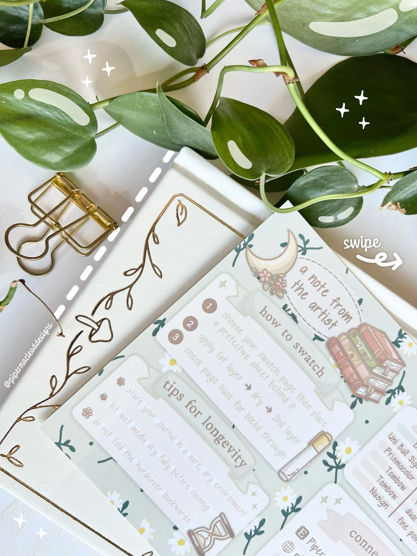 The other side of the insert is your little guide to keeping your journal looking beautiful for years to come. ✨

Before you start coloring in pages, I always recommend swatching your markers first to see how they behave on the paper. This side of th