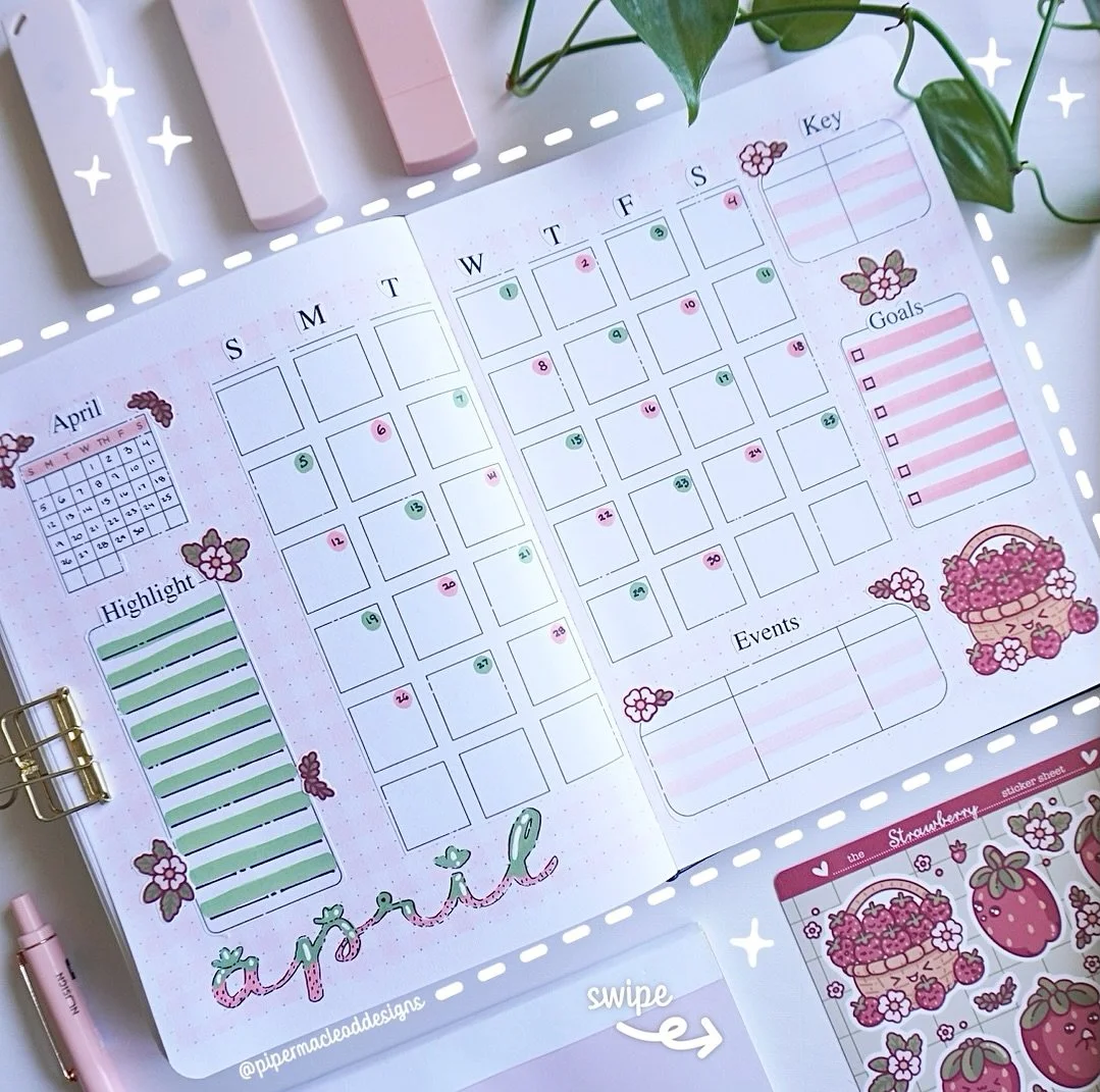 Swipe for all the little details 🍓 Strawberries &amp; soft pink gingham.

Which section is your favorite?

#bulletjournal #bujospread #aprilspread #plannercommunity #journalingcommunity #stickerbook #stickeraddict #strawberrystickers #kawaiistickers