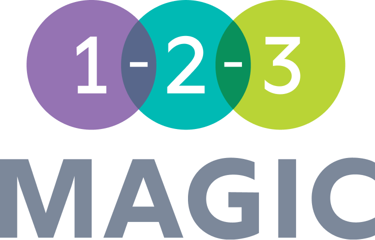 Colorful overlapping circles numbered 1, 2, and 3, with the words '123' and 'MAGIC' below.