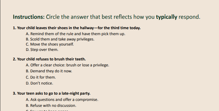 Document with instructions and multiple-choice questions about parenting and teen behavior.