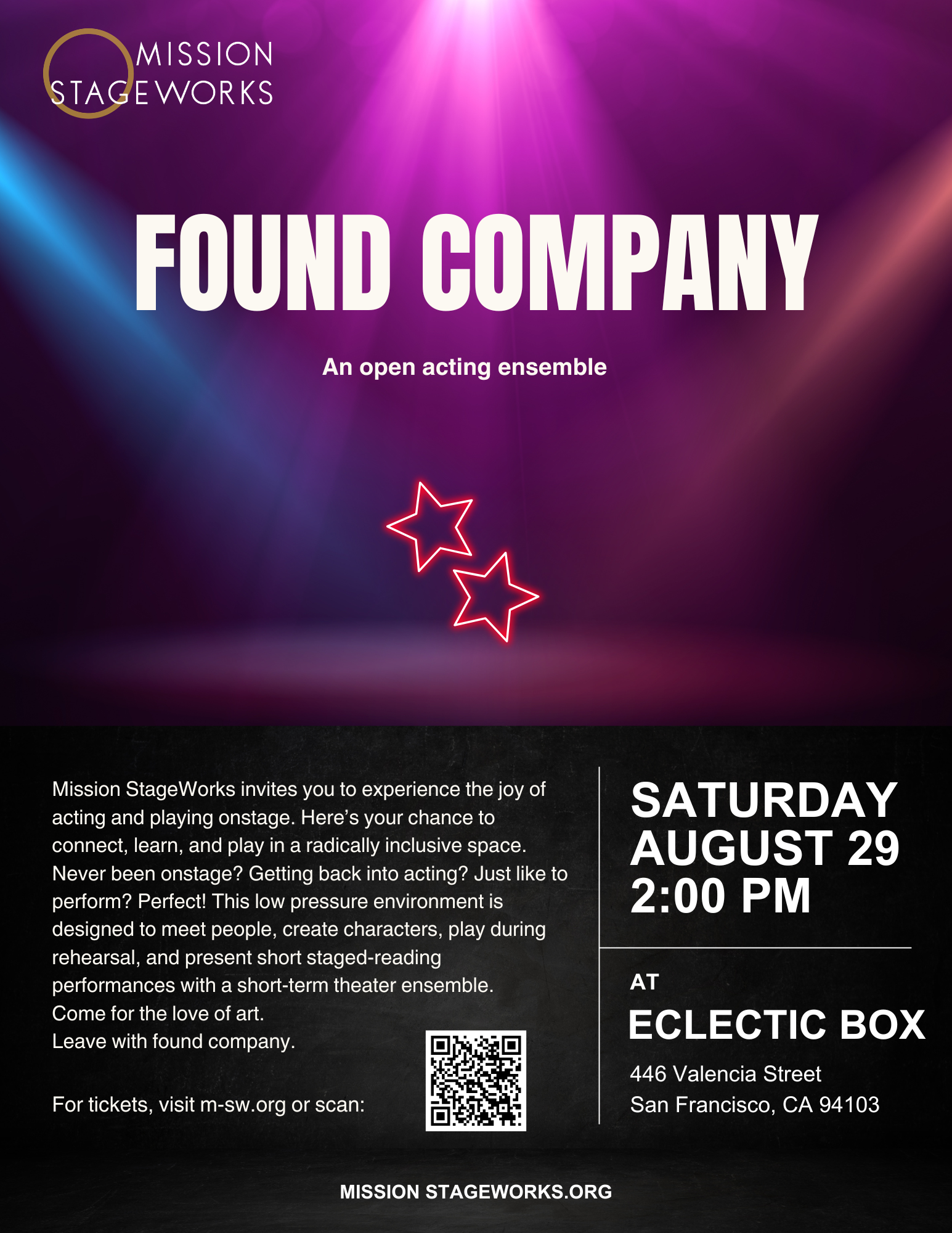 Event poster for a theatrical performance by Mission StageWorks titled 'Found Company,' scheduled for Saturday, August 29 at 2:00 PM at Eclectic Box, 446 Valencia Street, San Francisco, CA 94103.