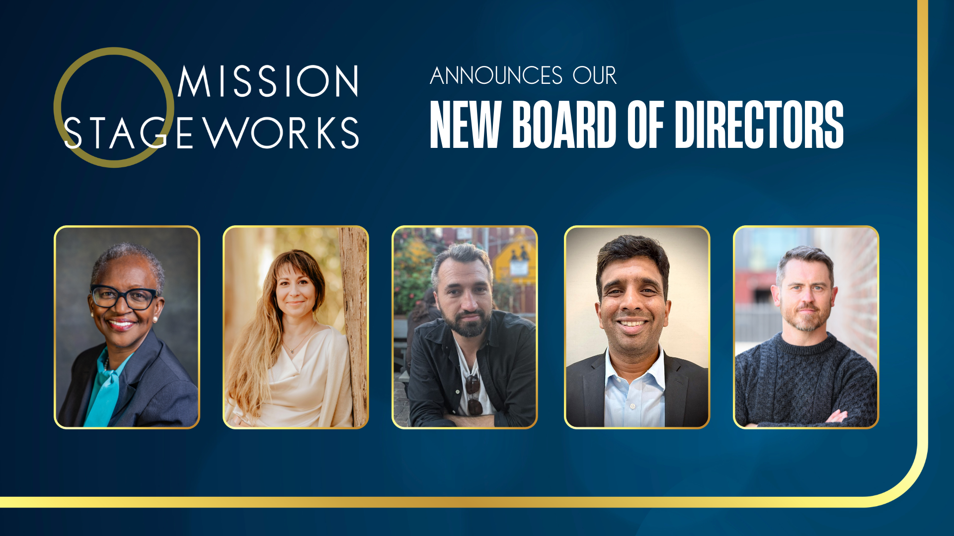 Announcement for Mission Stage Works revealing new board of directors with five individual portraits