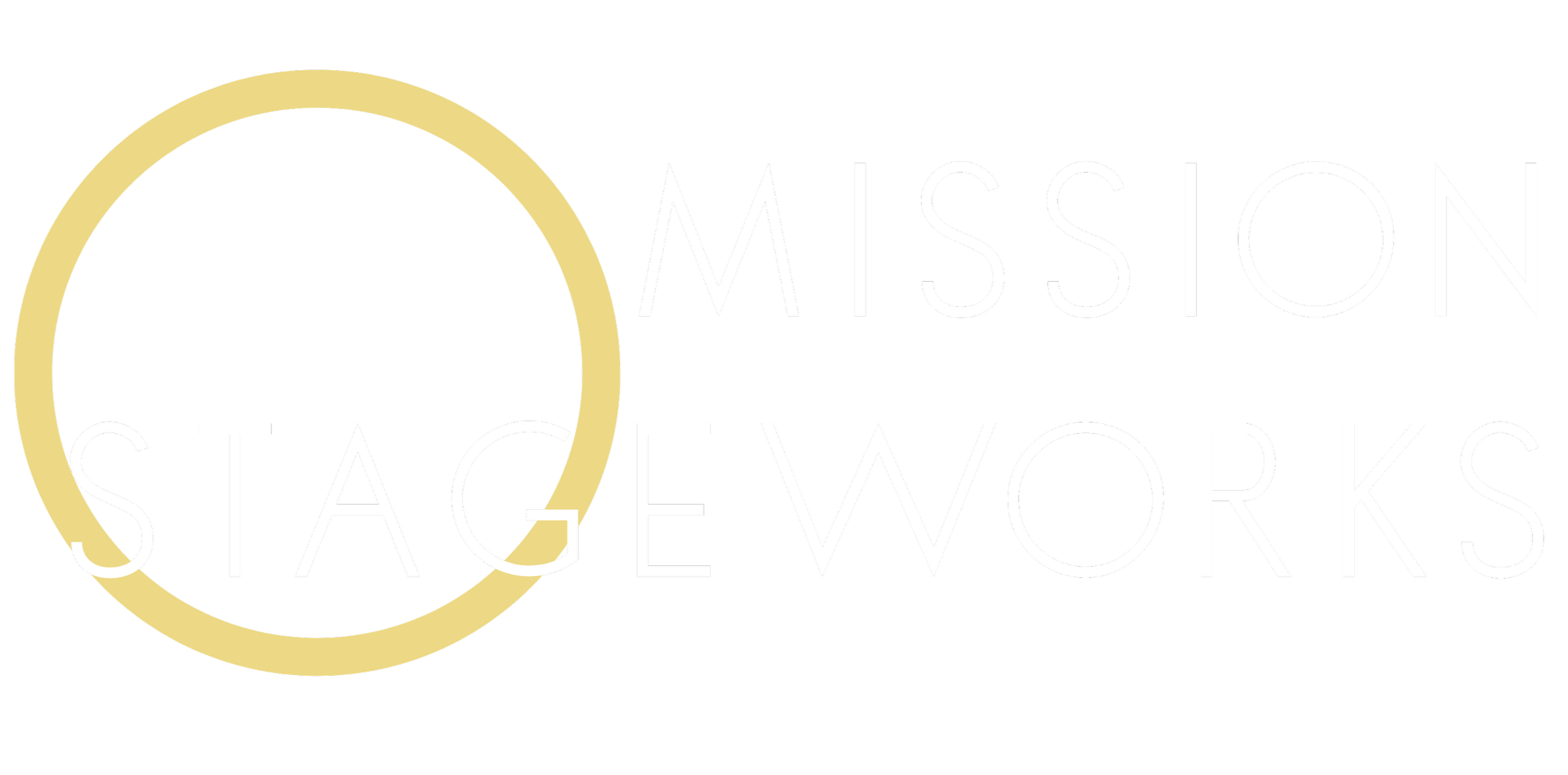Logo for Mission Stageworks featuring a gold circle with the words 'Mission Stageworks' in white text on a black background.