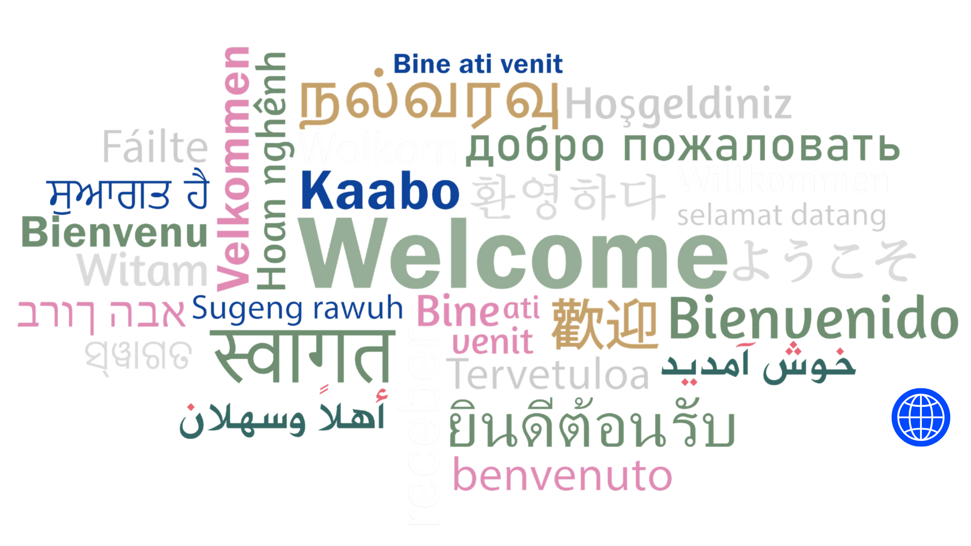 Multilingual world map with the word 'Welcome' in various languages, including English, Spanish, French, Chinese, Arabic, and more.