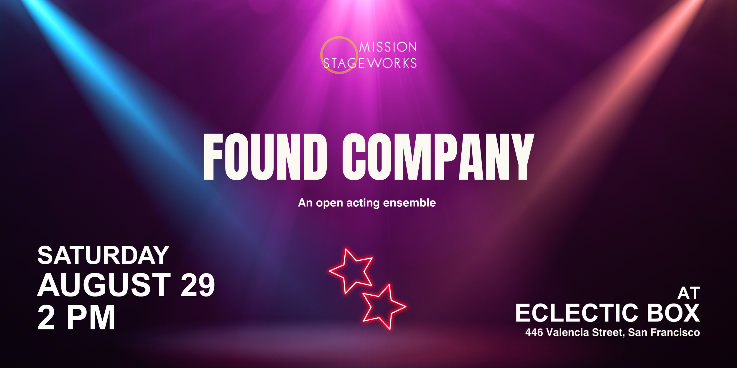 Event poster with vibrant purple, pink, and blue lighting, featuring the text 'Found Company' and details about a performance on August 29 at 2 PM at Eclectic Box in San Francisco.
