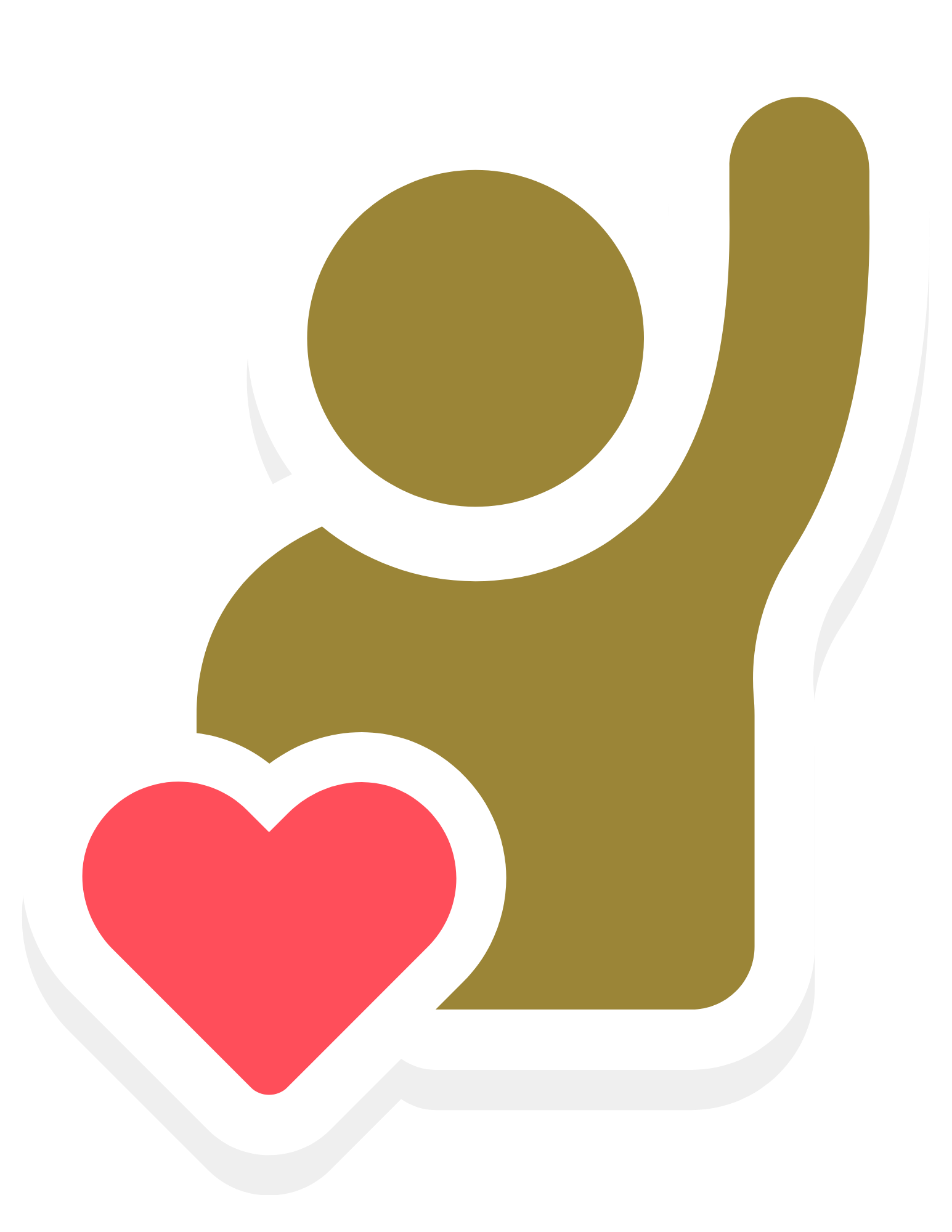 Stylized sticker of a brown hand with a heart and a raised index finger, outlined in white.