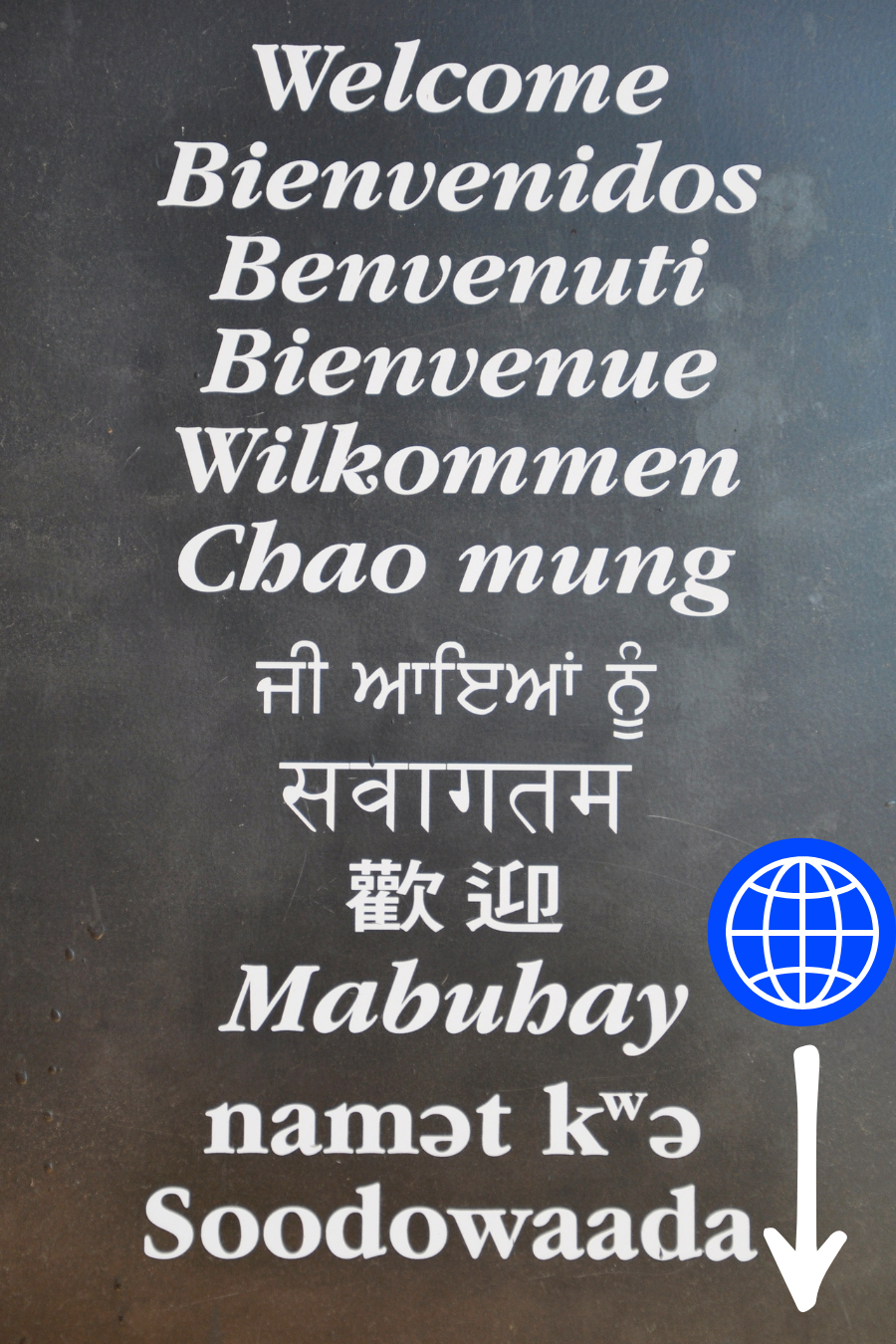 Sign with 'Welcome' in multiple languages, including Spanish, Italian, French, German, Chinese, and many more, with a blue globe icon and white arrow pointing down.
