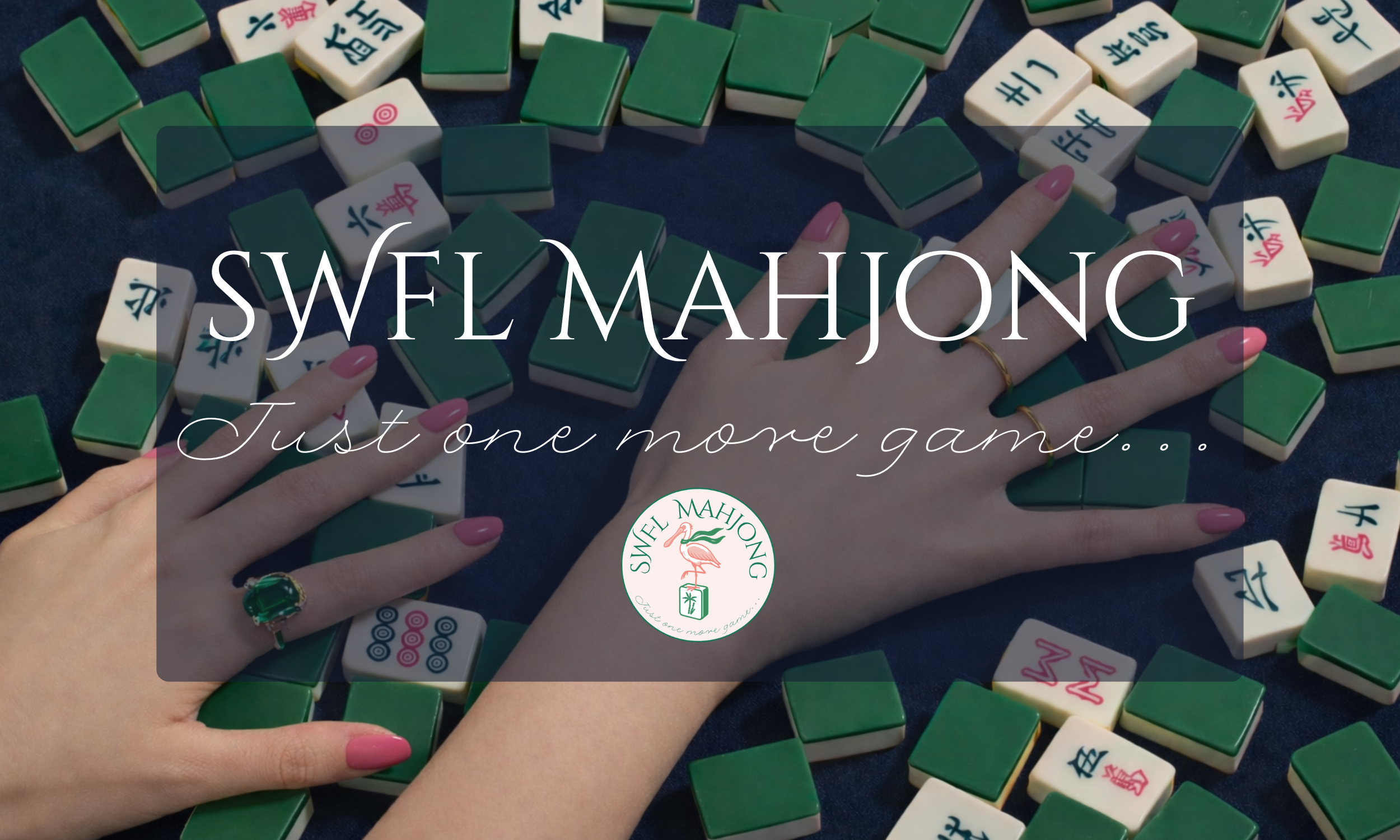 Hands playing Mahjong with green and white tiles on a dark surface, with a translucent overlay containing the text 'SWEL MAHJONG Just one more game...' and a circular logo featuring a pink flamingo and Mahjong tiles.