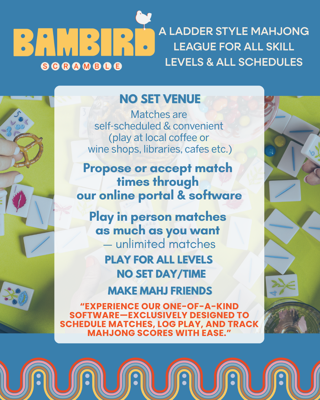 A promotional poster for Bambird Scrum, a ladder-style Mahjong league for all skill levels and schedules, emphasizing online scheduling, in-person matches, and making Mah Jong friends.