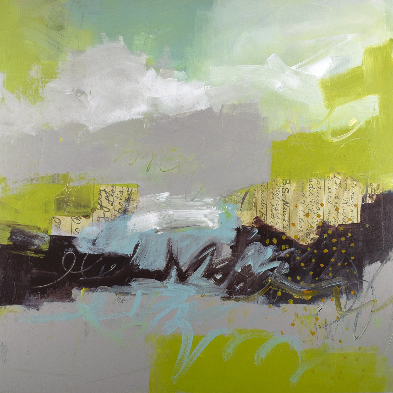 Party Line, 2025, Acrylic and collage on panel - 24x24 in, $1100