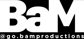 Black and white logo with large bold 'BaM' and '@go.bamproductions' text underneath.