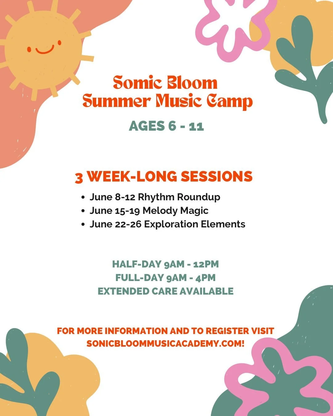 The news is out: Sonic Bloom Music Academy is hosting its first ever summer camp series! 3 week-long camps filled with music and fun. Each week focuses on a foundational element of music and culminates in a short performance. Half ($300/week) and ful