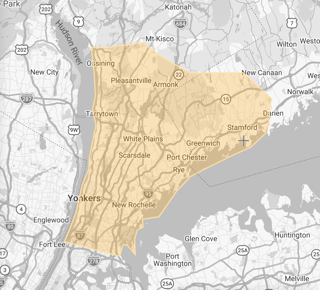 Our service areas, including White Plains, Scarsdale, Rye, Harrison, Yonkers, Chappaqua, Greenwich, Stamford, New Rochelle, Mamaroneck, and surrounding areas.