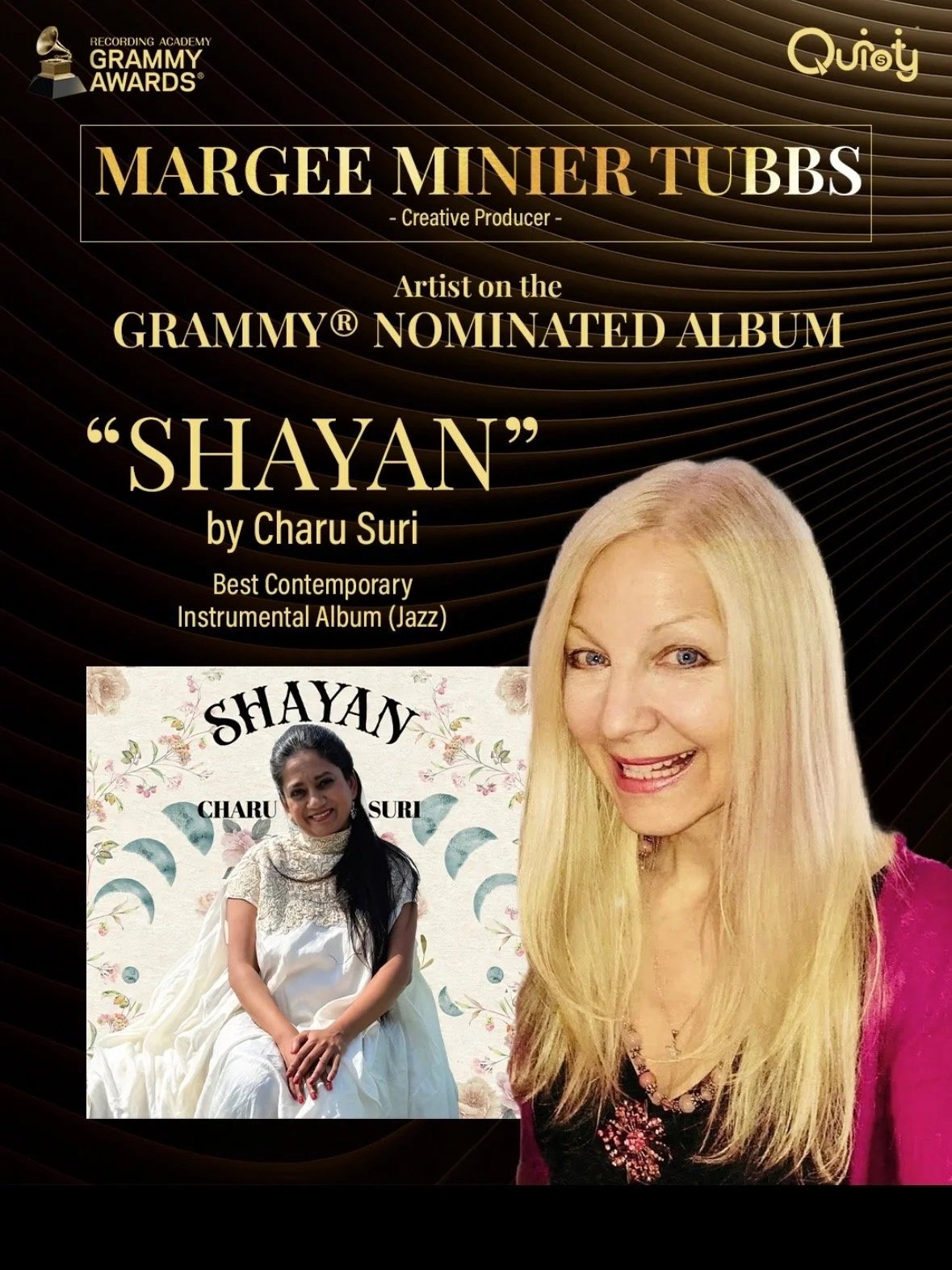 Announcement celebrating Margee Miner Tubbs as artist on the Grammy-nominated jazz album 'Shayan' by Charu Suri, featuring her portrait and an album cover with a photo of Charu Suri in a white dress and black hair, sitting against a floral background.