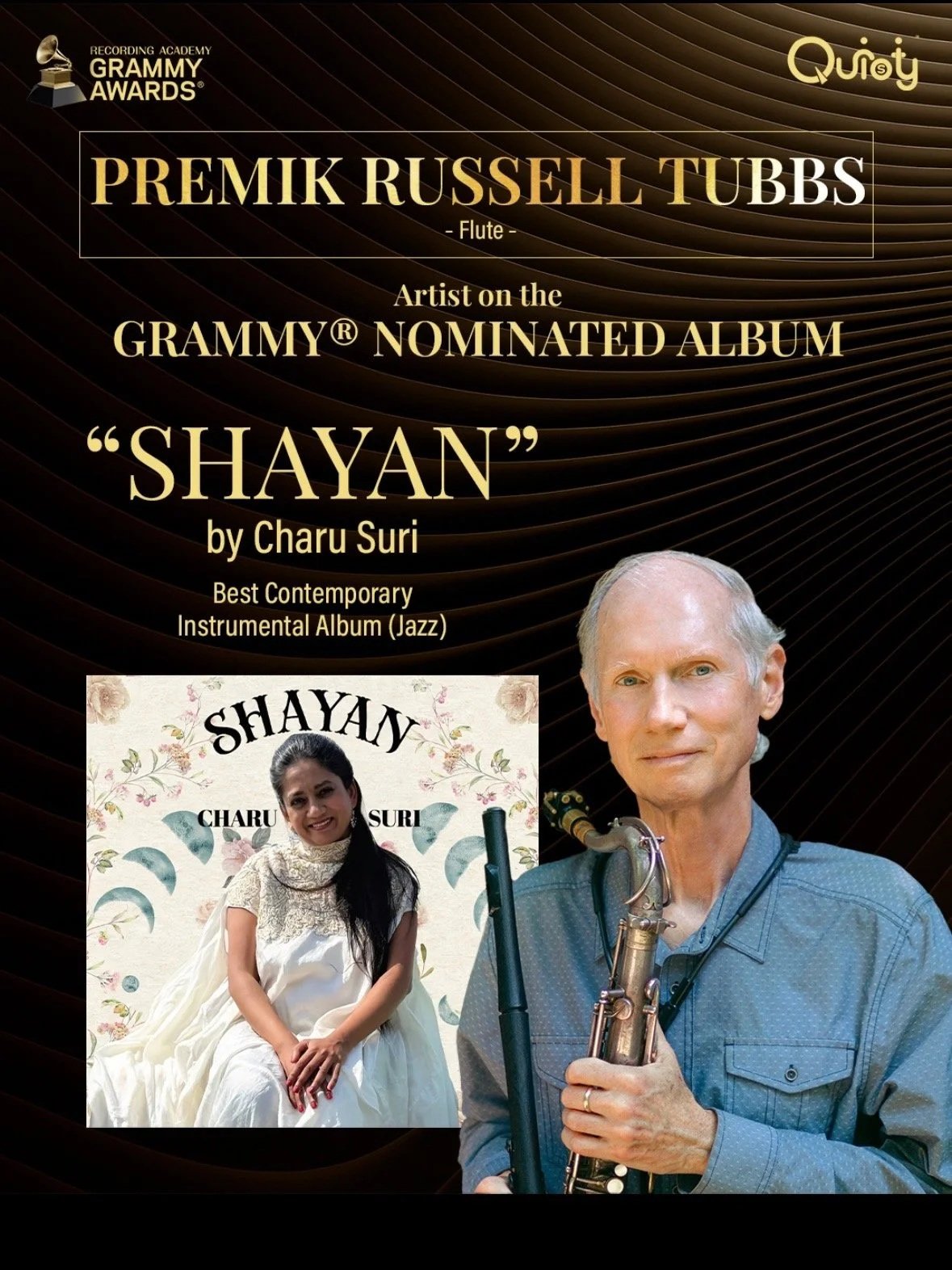 Award announcement poster featuring musician Premik Russell Tubbs for his album 'Shayan', noting he is a Grammy-nominated artist; includes photos of Charu Suri and Premik Russell Tubbs, with detailed text about the album and artist.
