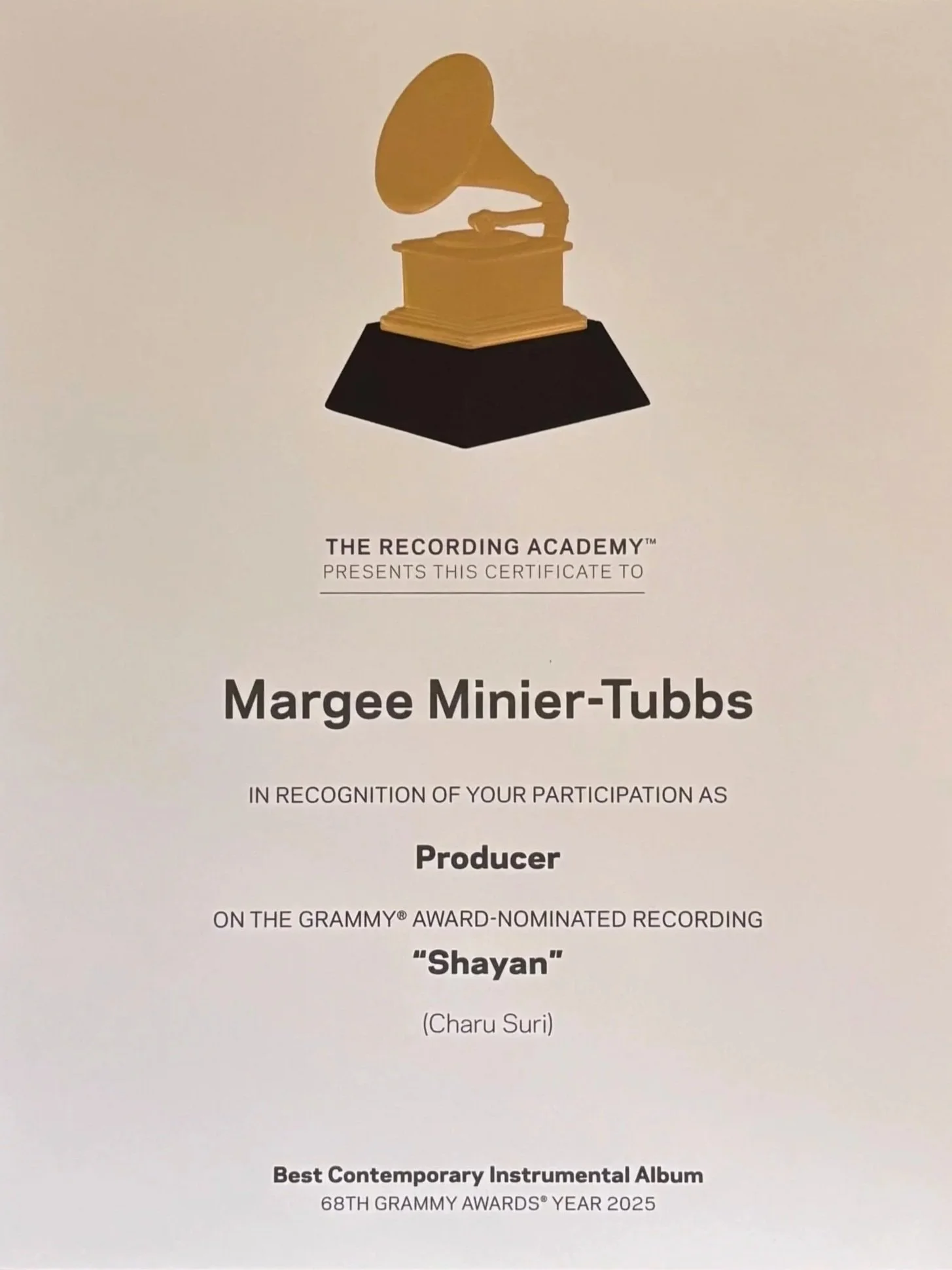 Certificate from The Recording Academy presented to Margee Minier-Tubbs for producing the song "Shayan" by Charu Suri, recognizing participation in the 68th Grammy Awards Year 2025, with a gold gramophone icon at the top.