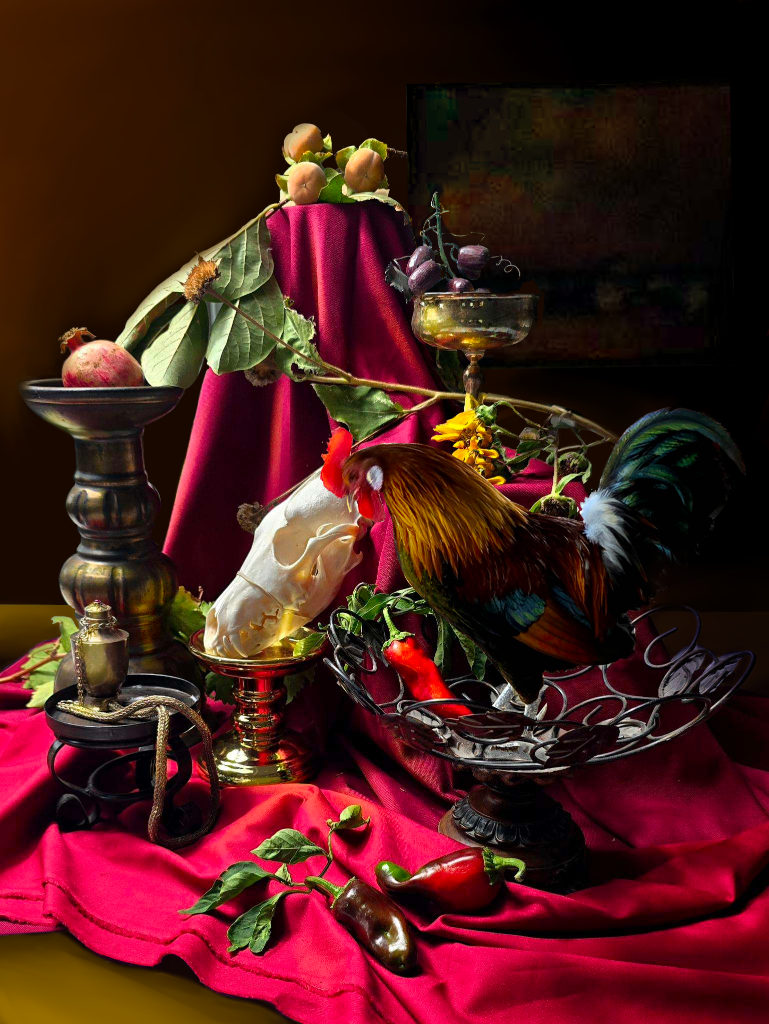 The rooster digitally added to the composition using clip studio "CSP"