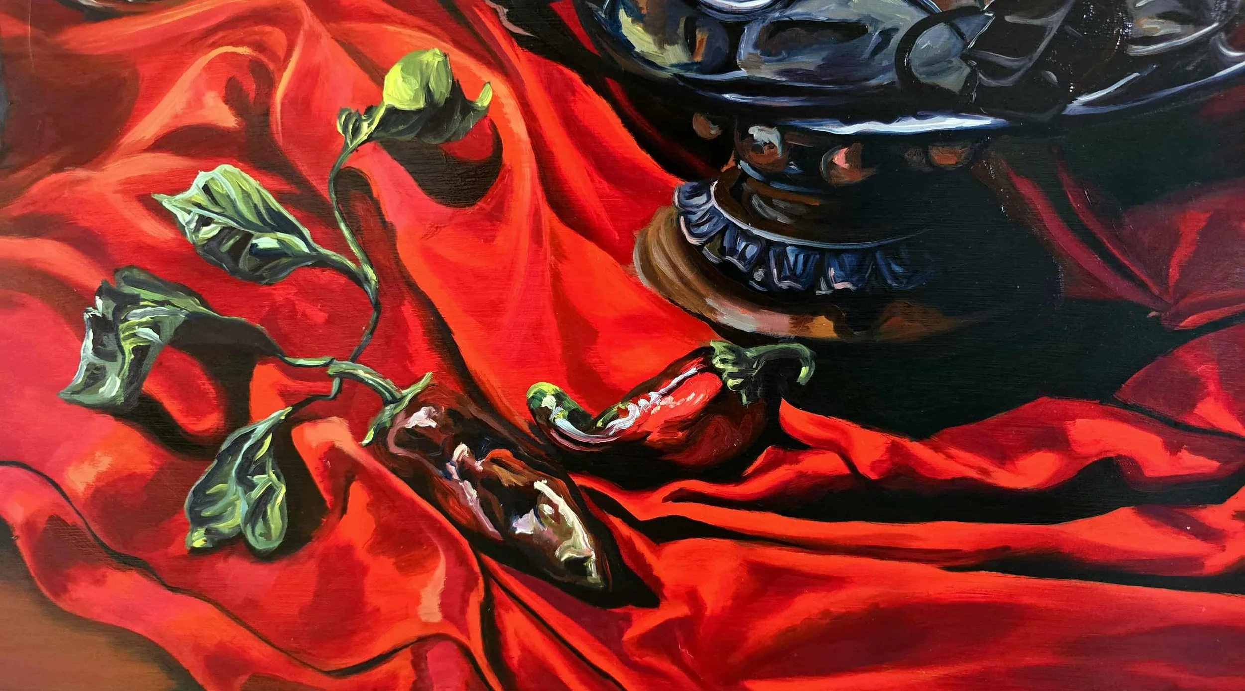 Detail #1 of finished painting: peppers on red fabric
