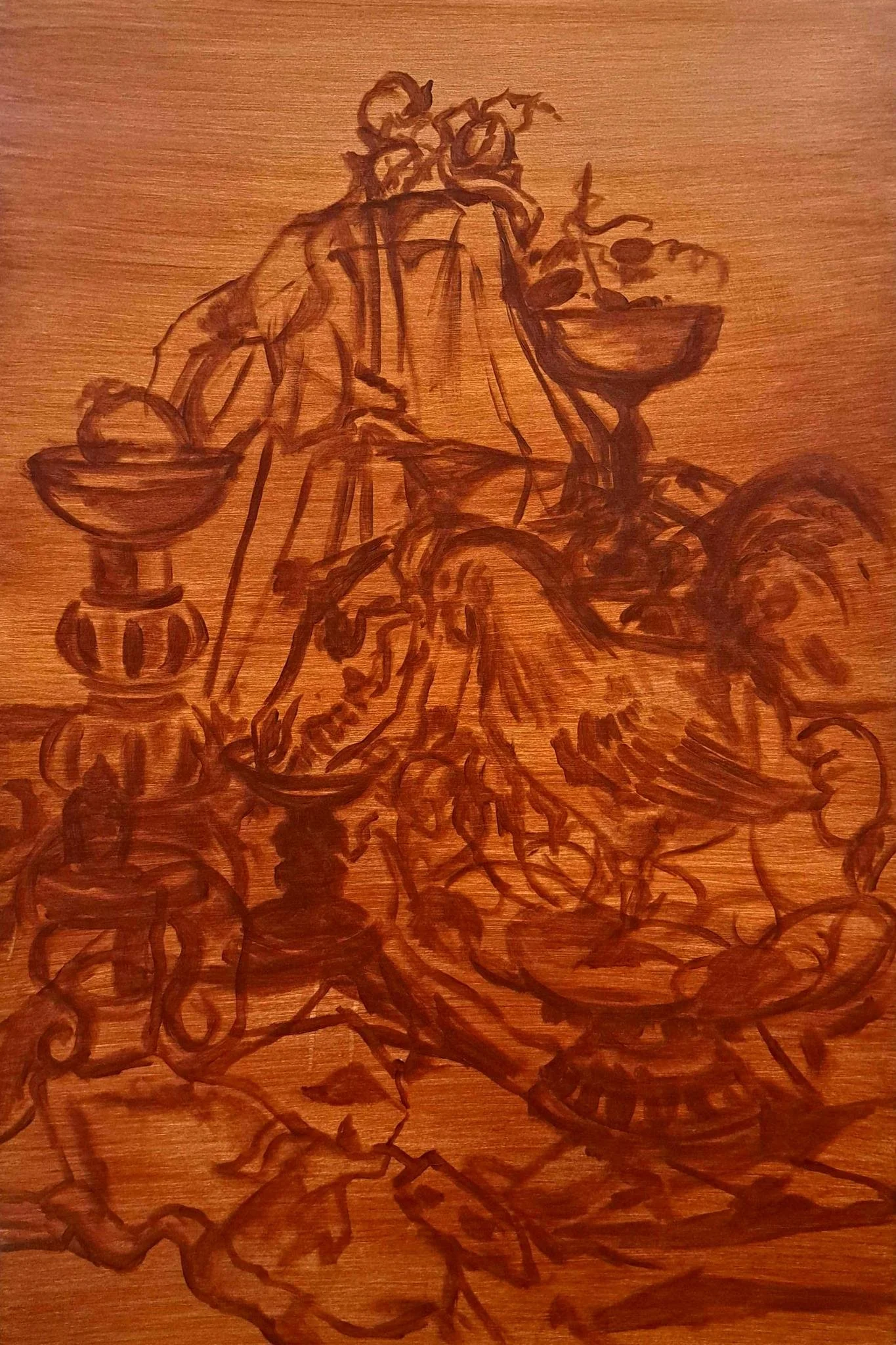 The underpainting plotting out the final composition 