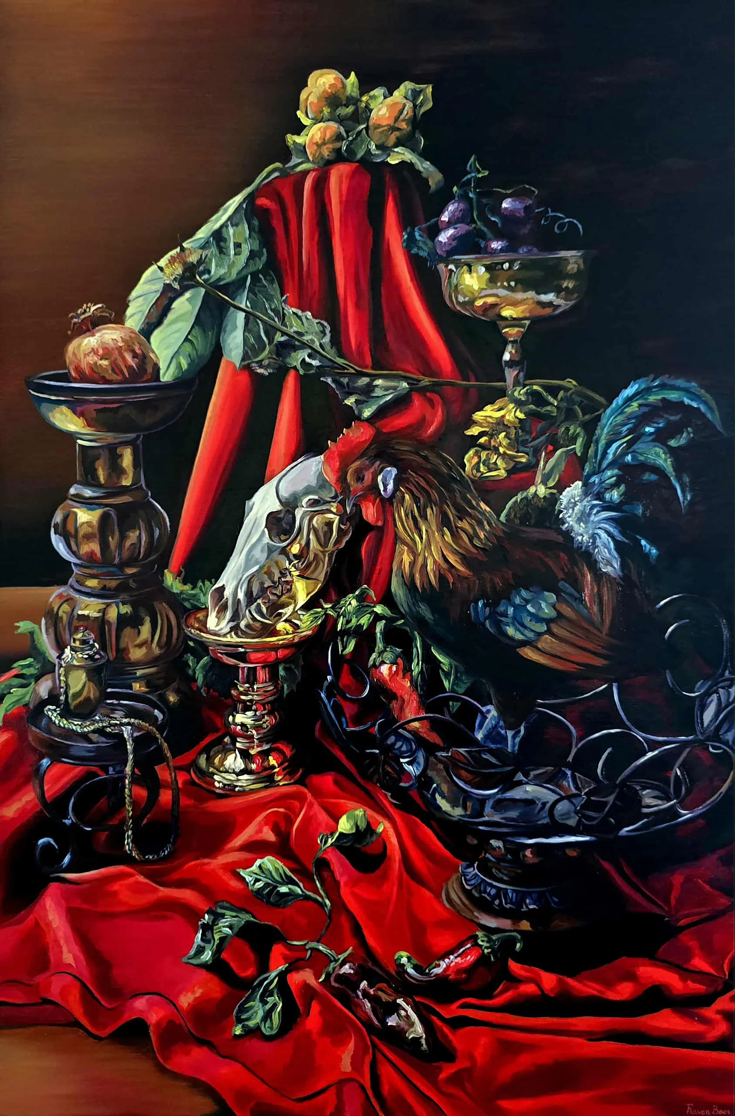 The final painting of "Vanitas Painting with Coyote Skull and Dutch Bantam" is 24"x36", painted with M Graham oil paint on an Ampersand board and was completed in October of 2025