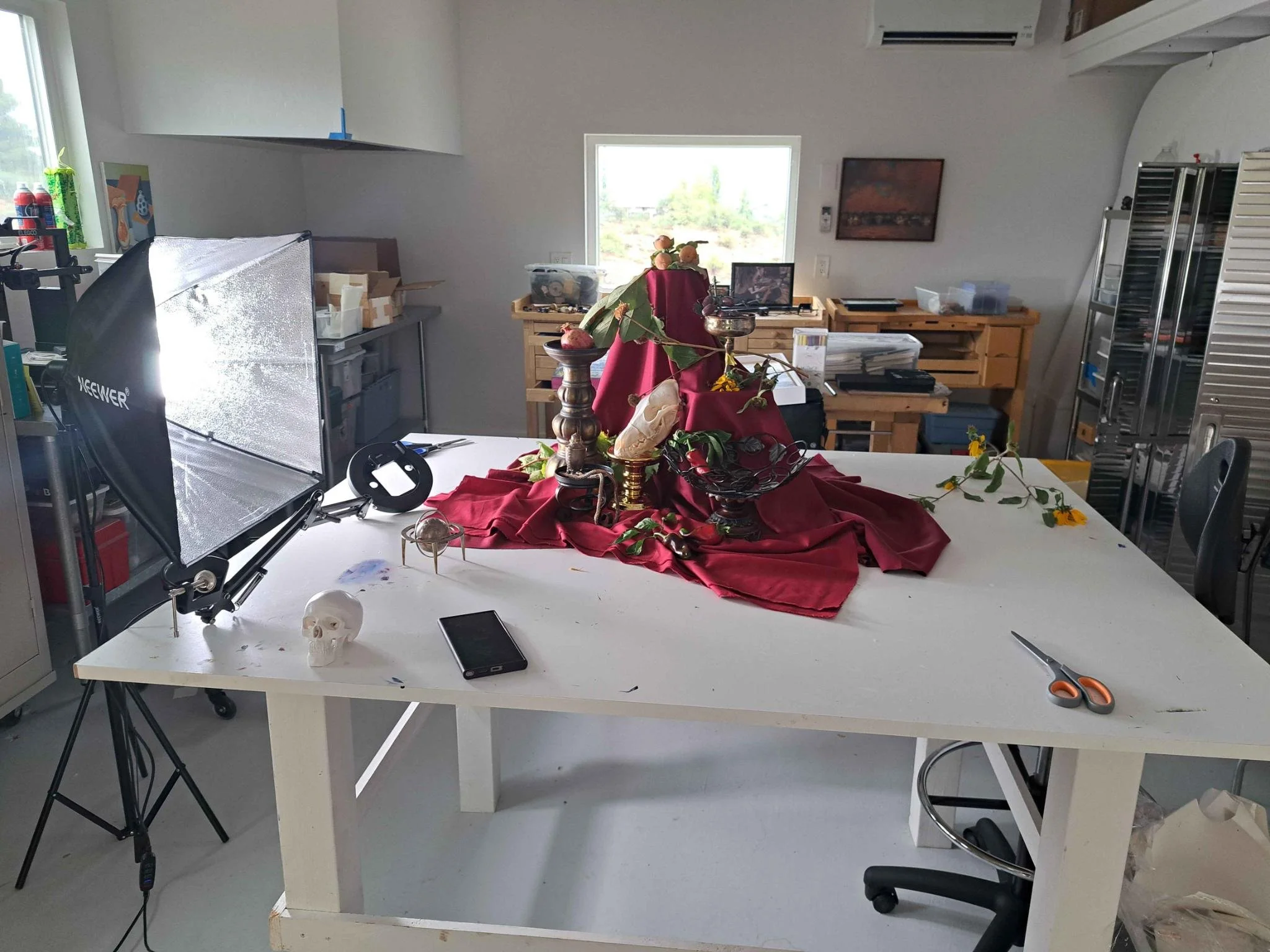 The still life set up in the studio; figuring out lighting and composition. Utilizing family heirlooms, fresh grown fruits and vegetables from the garden, and thrift store treasures 