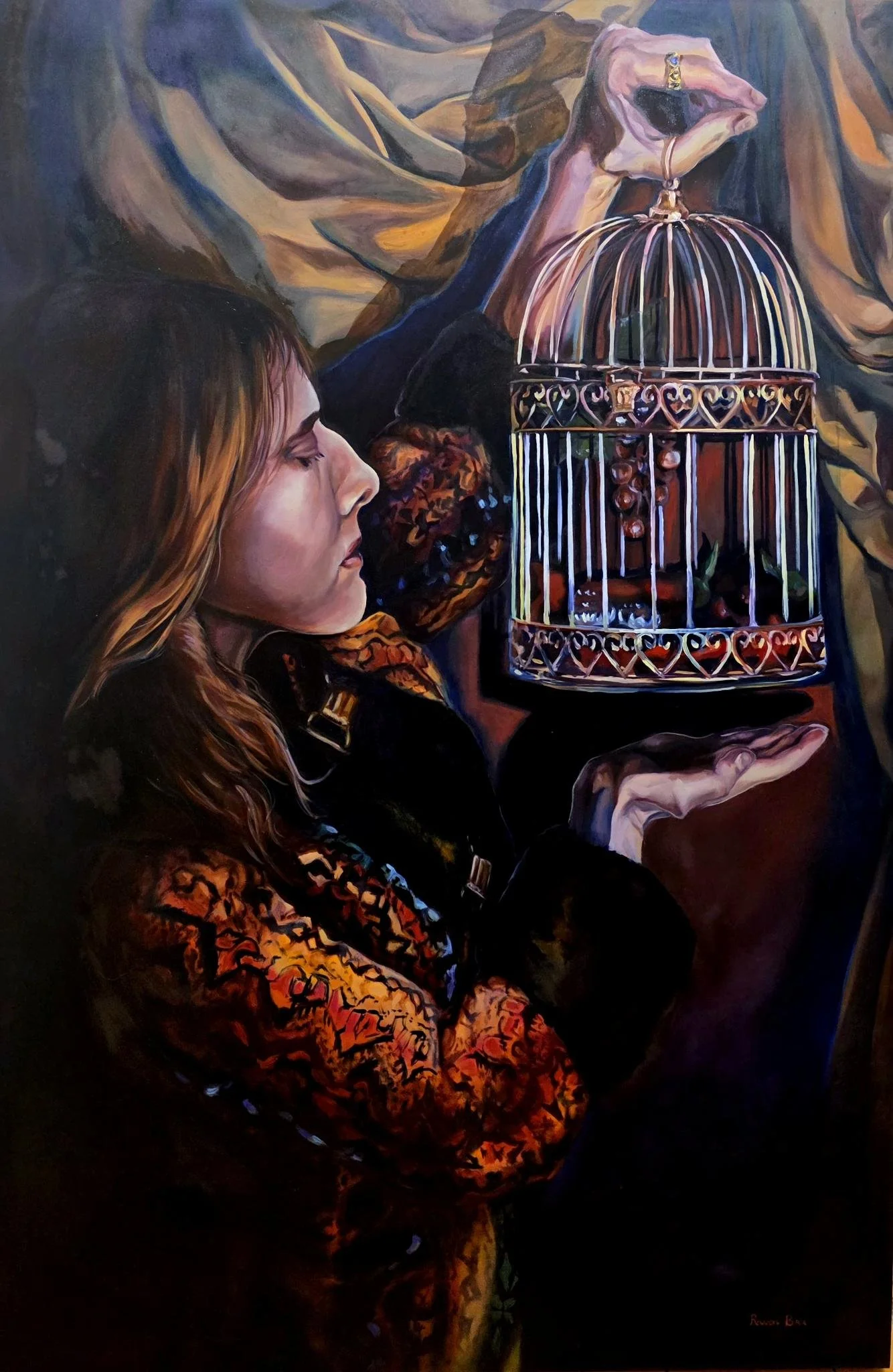 "Self Portrait with Bird Cage" 24"x36" oil on board, 2026