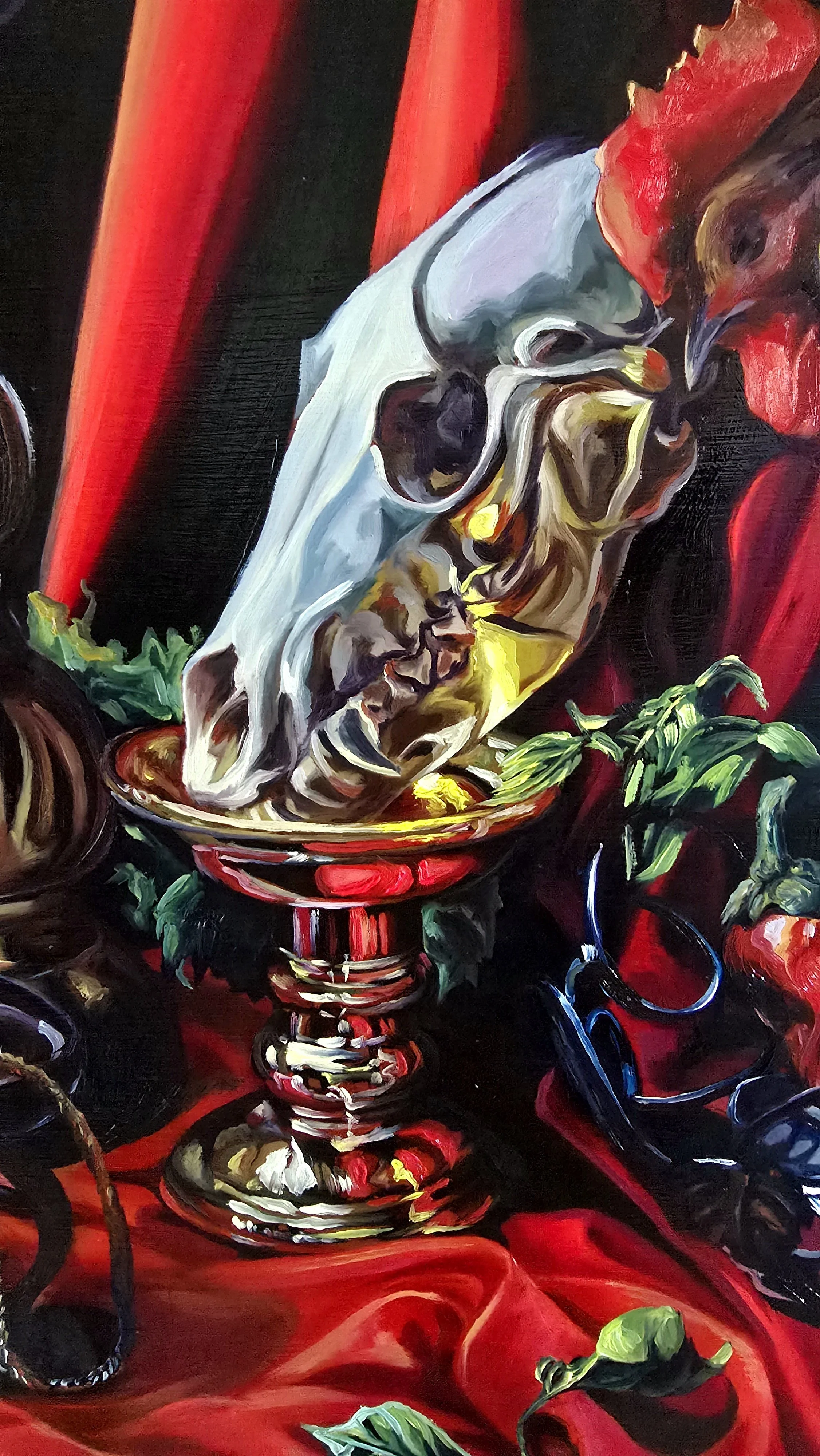 Detail #1 of finished painting: coyote skull and gold goblet