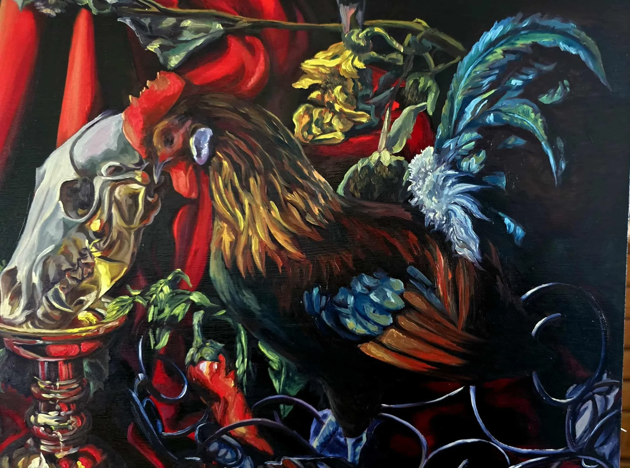 Detail #2 of finished painting: Dutch bantam rooster