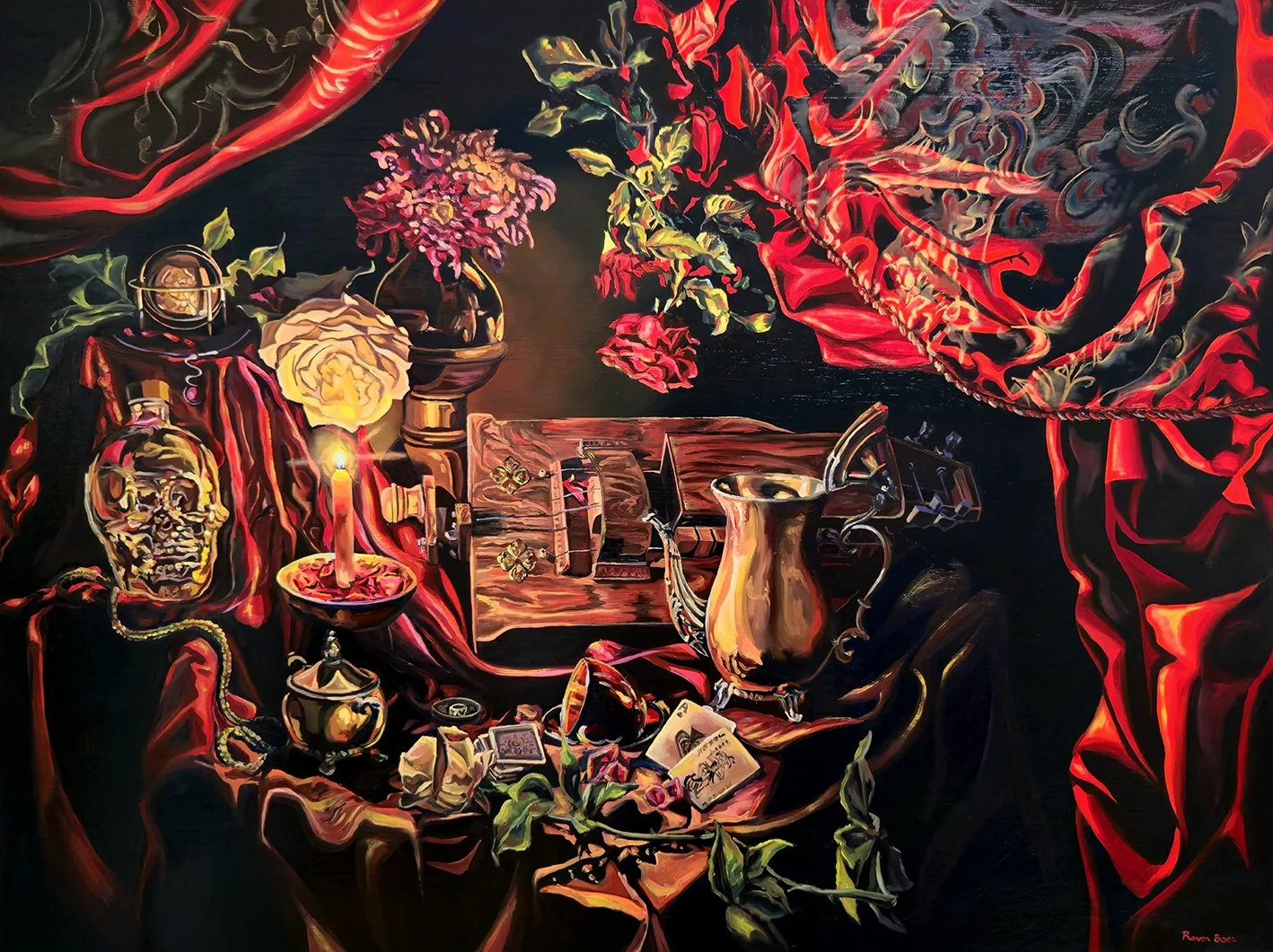 "Candlelit Still Life with Hurdy Gurdy" 30"x40" oil on board 2025