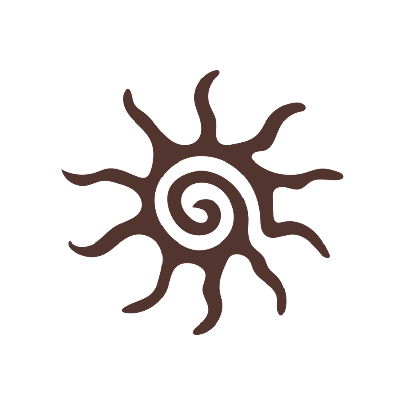 Brown spiral sun symbol with wavy rays extending outward