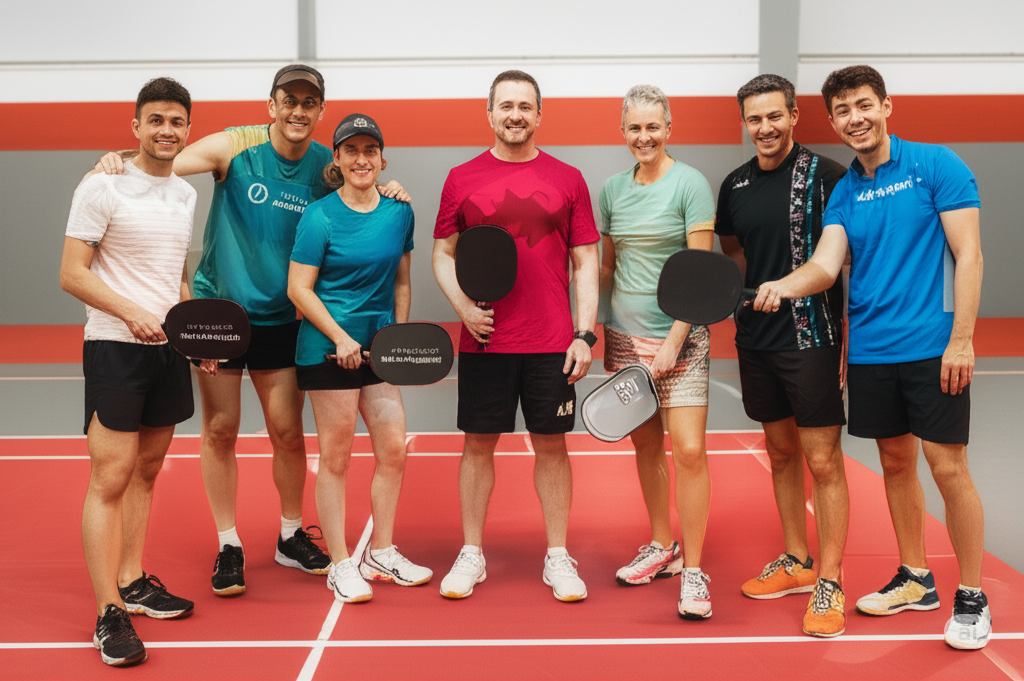 Group of seven people holding pickleball paddles on an indoor pickleball court.