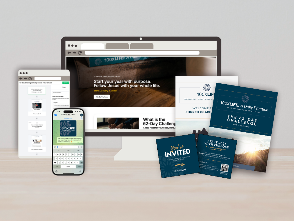 Digital devices and printed materials promoting the 62-day challenge for churches, including a computer, smartphone, and flyers.