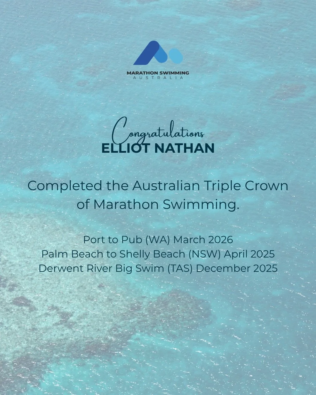 Three swims. Three states. One huge achievement 👏

Congratulations to Elliot Nathan, who completed the Australian Triple Crown in March.