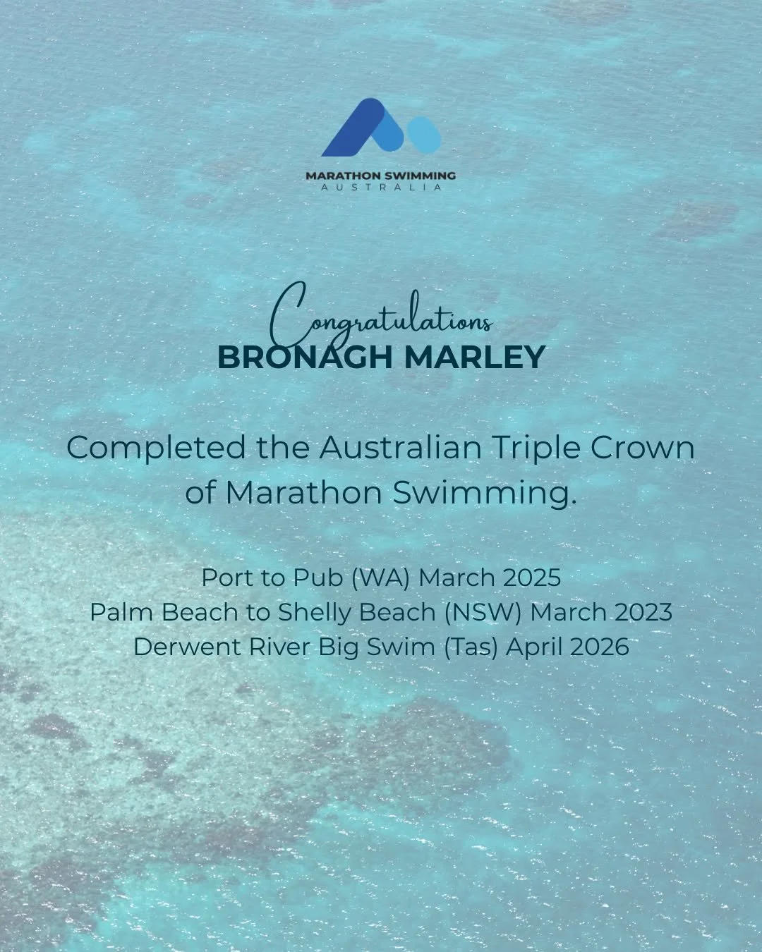 Triple Crown completed 🥳

Congratulations to Bronagh Marley on joining the ranks of swimmers to have achieved the Triple Crown of Marathon Swimming 👏
