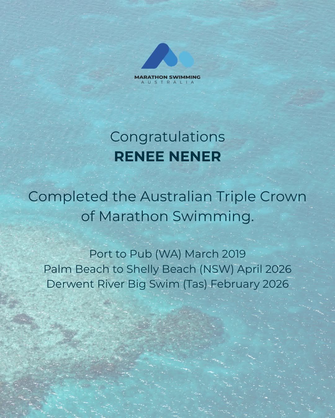 Renee has successfully completed the Australian Triple Crown, conquering three of Australia's most iconic endurance challenges 👏

🌊 Palm to Shelly Beach (24 km)
🌊 Port to Pub (25 km)
🌊 Derwent River Big Swim (32 km)