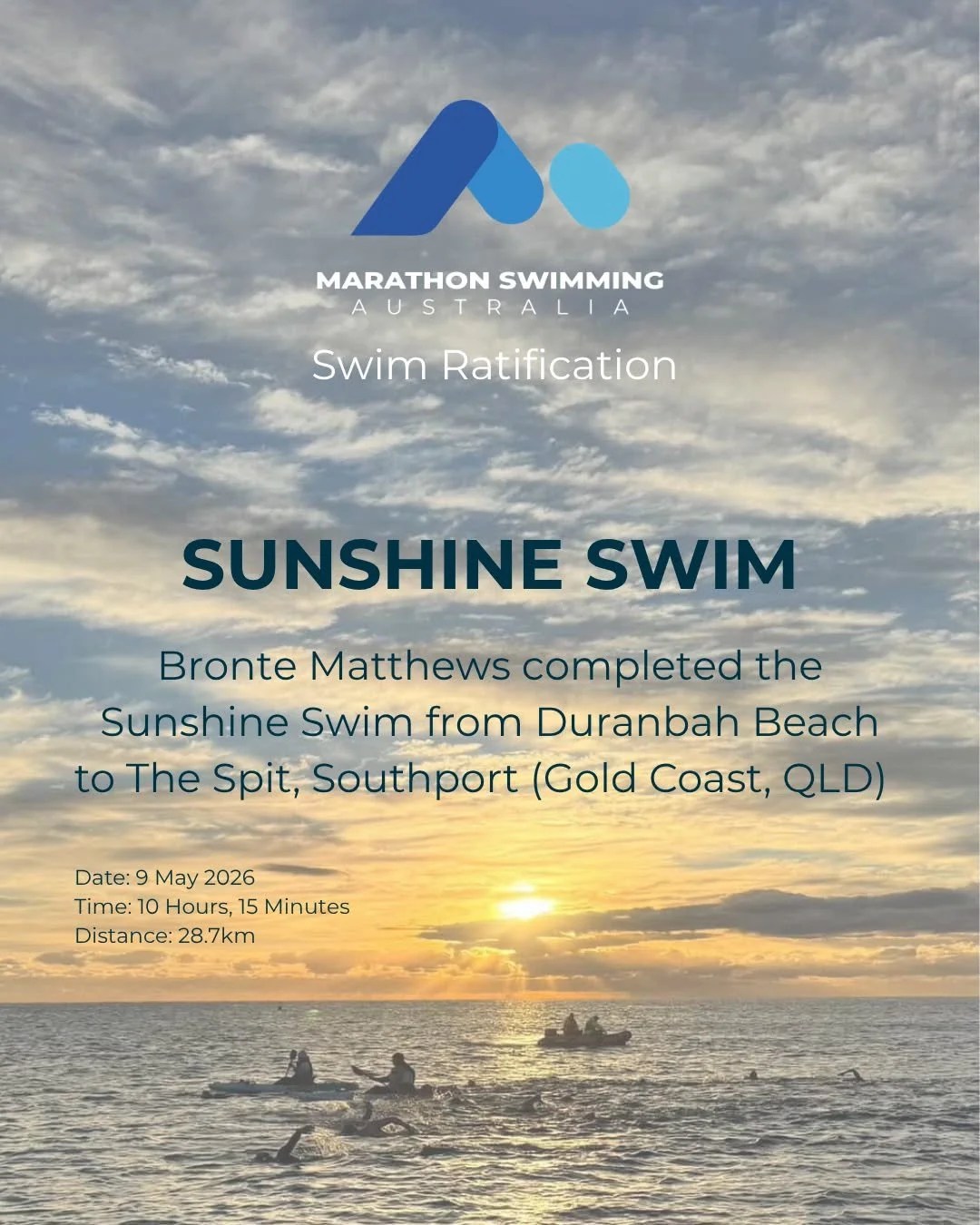 Bronte Matthews swims 28.7km in honour of her late friend raising more than $44,000 for the Yellow Freesia Foundation 

Entering the water before dawn at Duranbah Beach and swimming 28.7 kilometres along the full length of the Gold Coast coastline - 